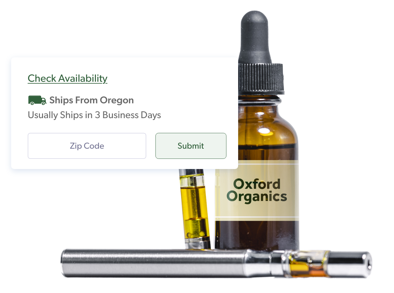 A popup window for entering a zip code to check availability hovers over a bottle of CBD oil and a vape pen.