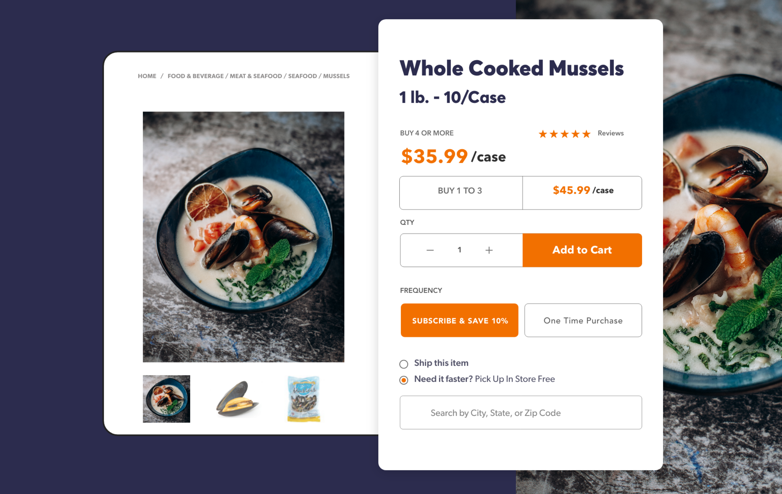 An ecommerce product page featuring whole cooked mussels for sale.