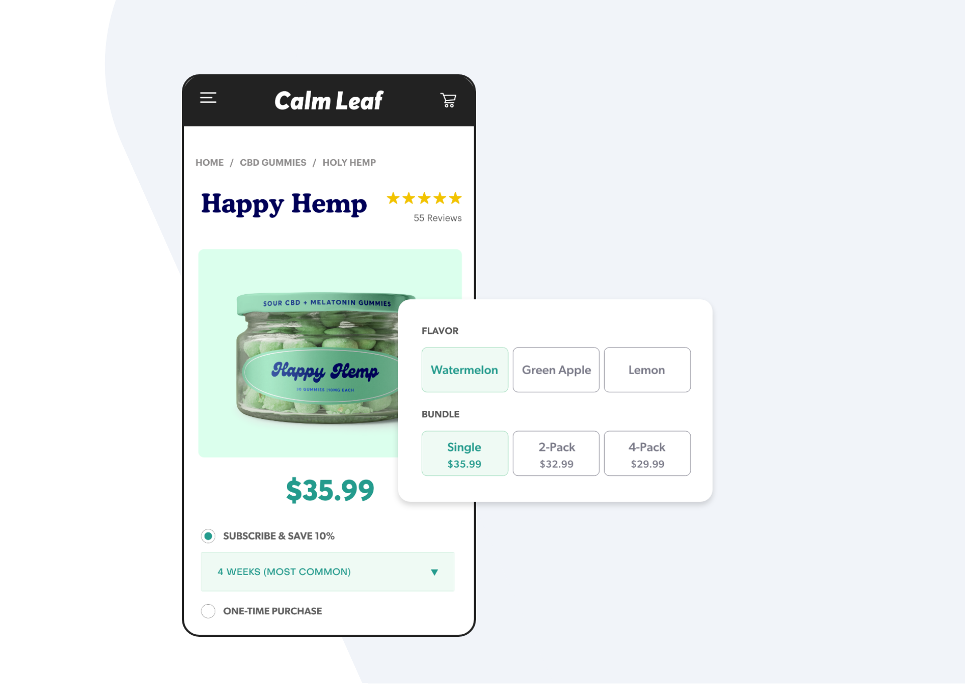 Mobile screenshot of CBD store with product options popout.